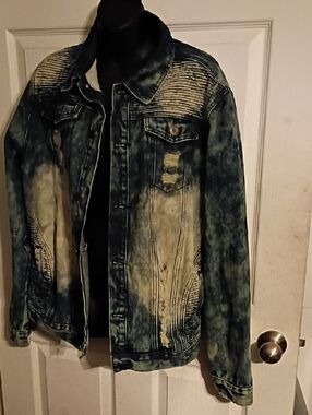 Men's XL 1738 Vintage Brand Acid-Wash Denim Distressed Jacket - Blue/Beige Nice